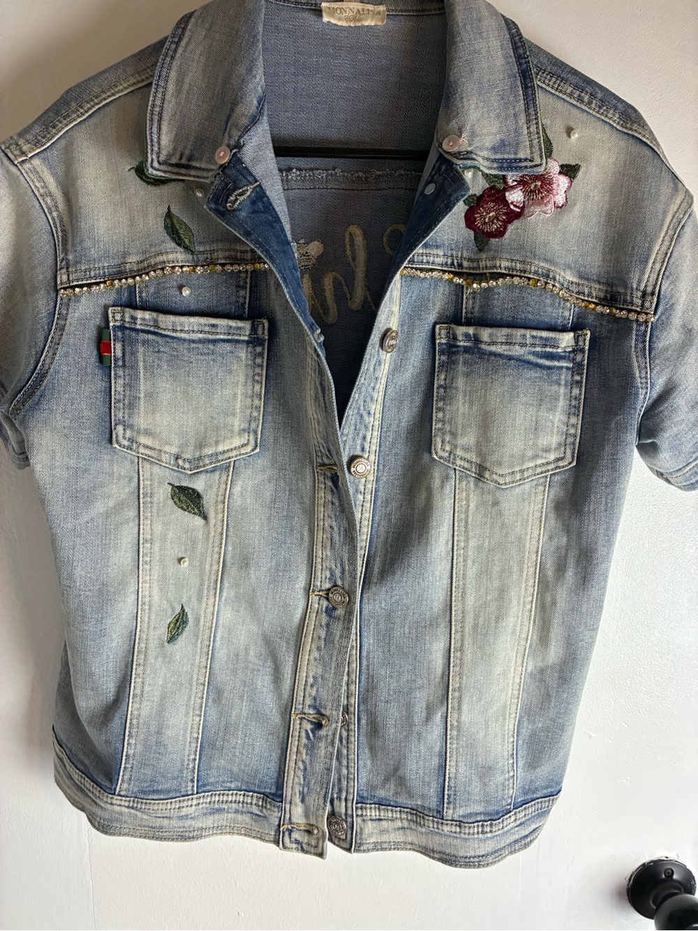 Light Wash Embroidered Floral Denim short sleeved Jacket